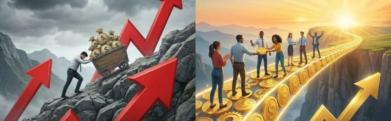 Ilustração comparando financiamento caro (homem subindo ladeira com juros altos) e consórcio em 2026