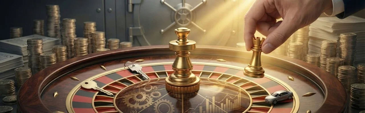 Mão movimentando uma peça de xadrez dourada sobre uma roleta de cassino, cercada por pilhas de moedas e um cofre ao fundo, simbolizando estratégia e risco nas d