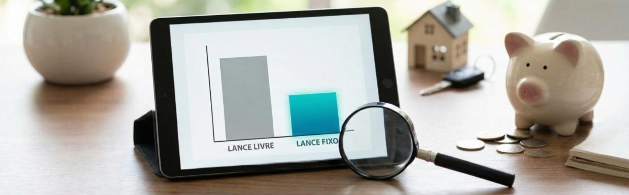 comparação entre lance livre e lance fixo em consórcio, com gráfico na tela de tablet, lupa destacando "lance fixo", cofrinho e moedas ao lado