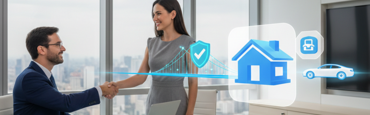 “Homem de terno e mulher em vestido cinza apertam as mãos em uma sala de reunião com janelas amplas; sobre a mesa há um laptop e um tablet, e à direita aparecem