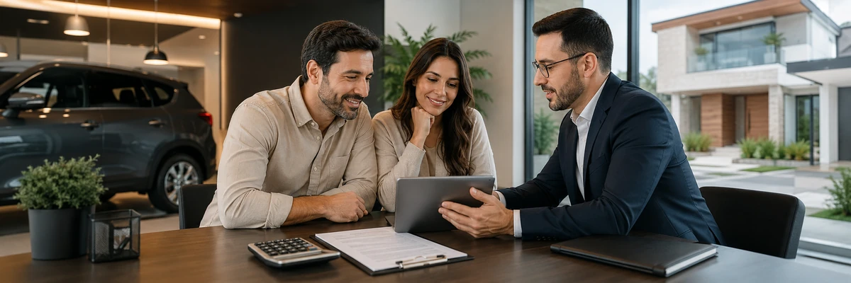 Cliente analisando uma simulação de financiamento de imóvel e veículo com consultor financeiro