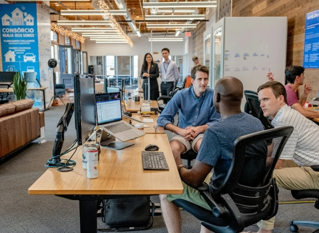 Dois profissionais analisando dados com vista da cidade ao fundo